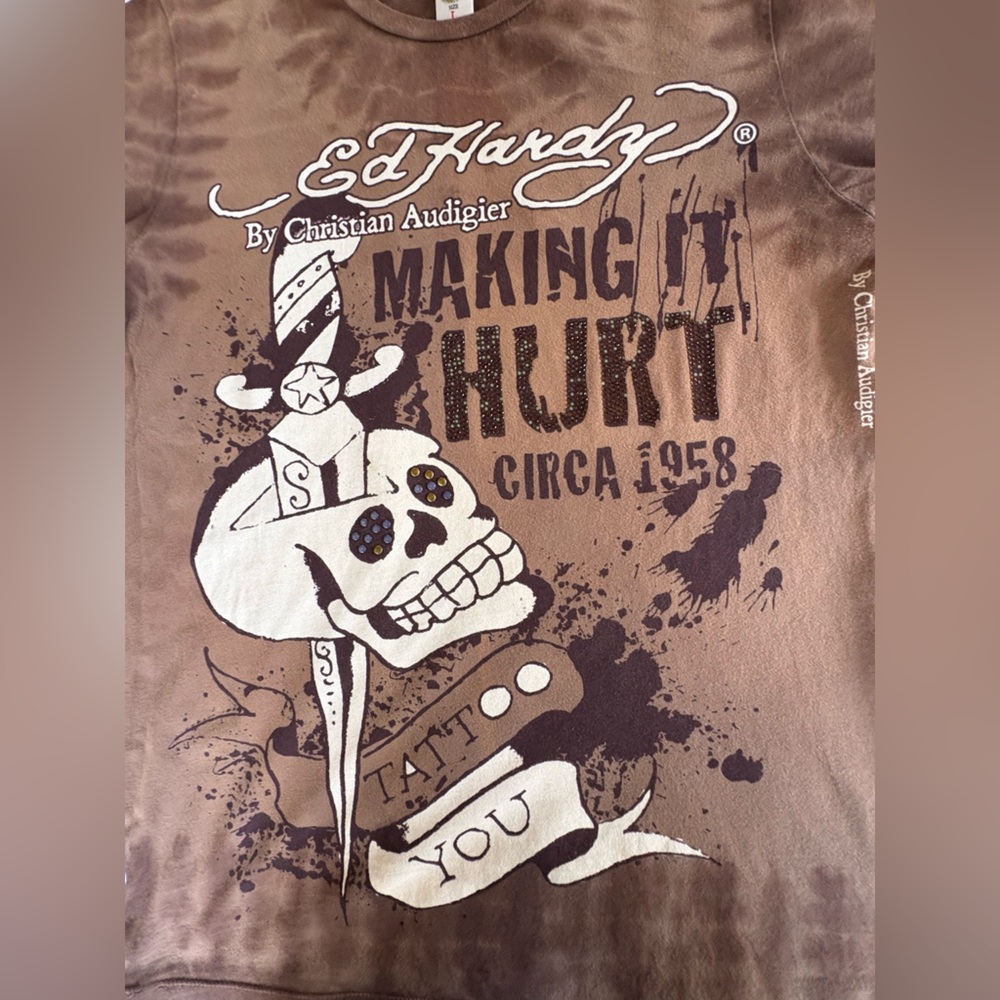 Ed Hardy - Y2K Era Brown Skull Graphic Tee - Size L - Picture 7 of 15